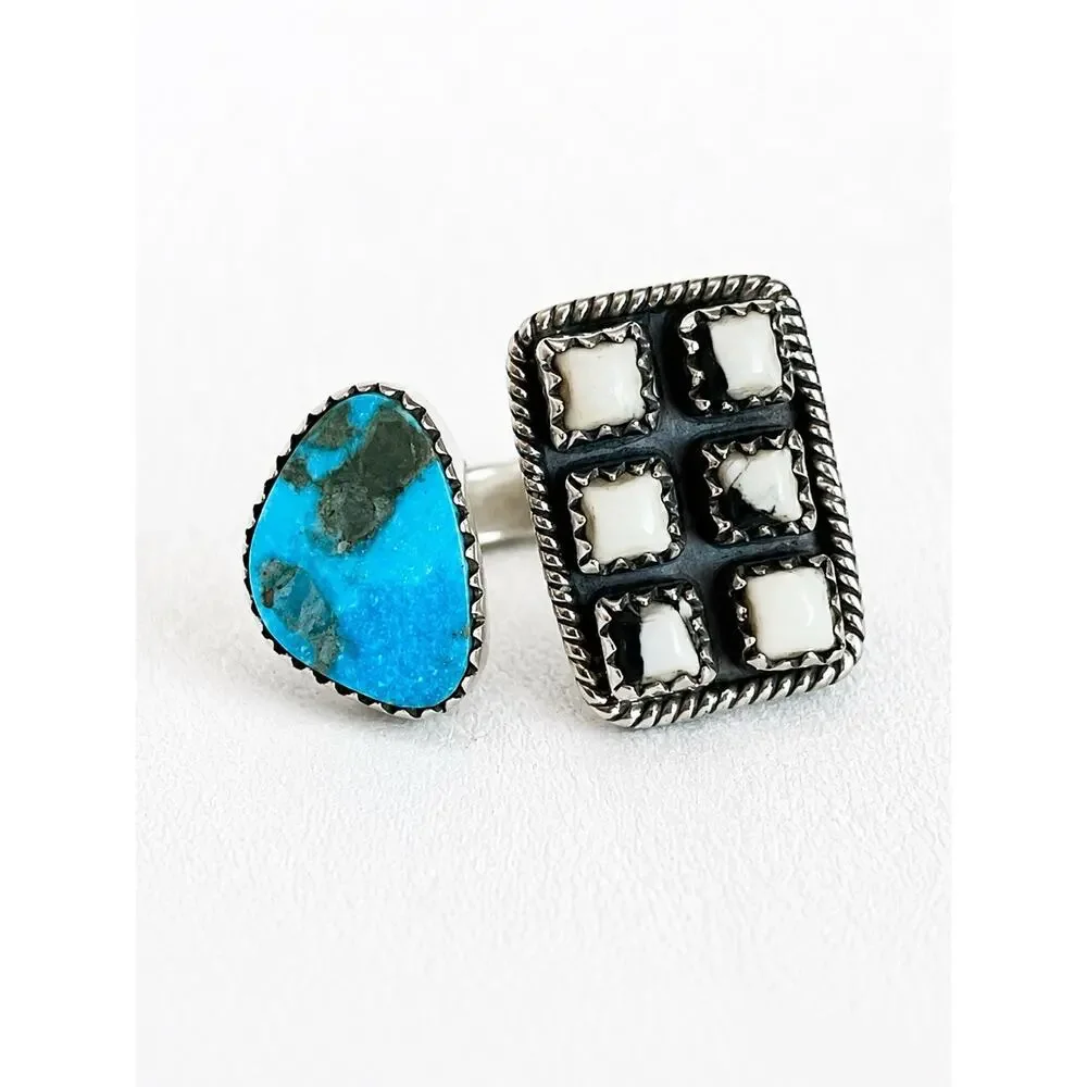 Sterling Silver White Buffalo Turquoise Adjustable Ring Southwestern Size 6-9
